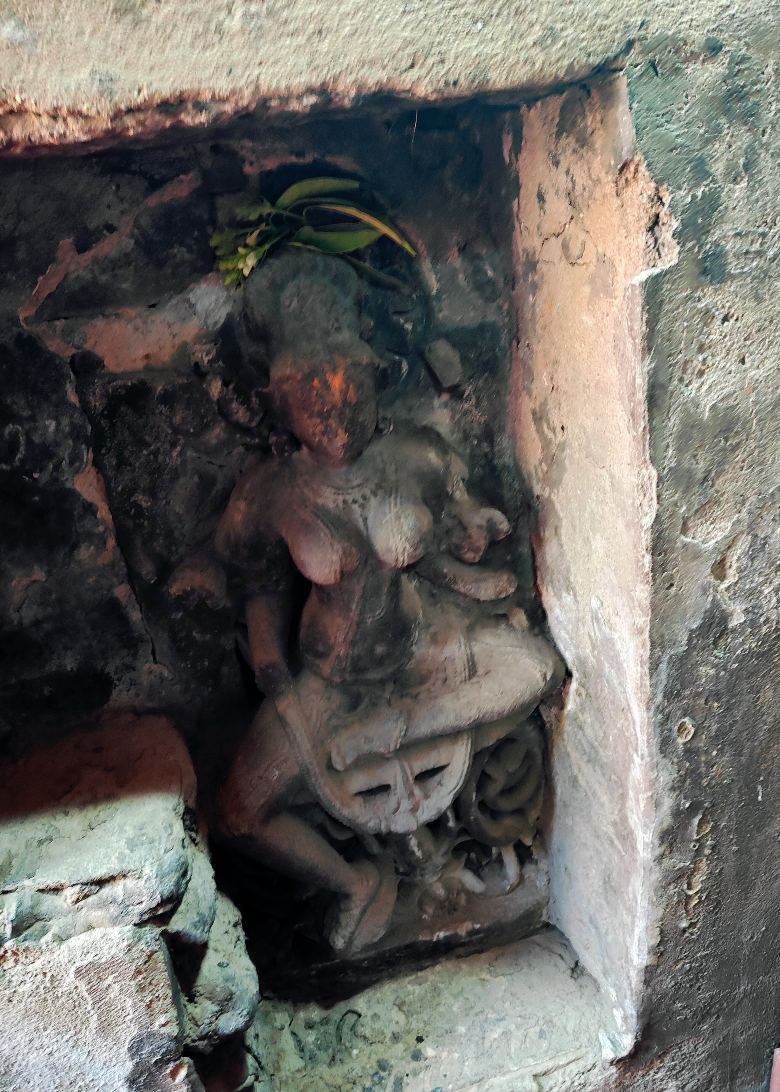 An independent sculpture of a Yogini is affixed on the Bhairon compound, near the entry of the main shrine in the basement. This is one of the numerous images of yoginis discovered at the site, suggesting the existence of a lost yogini temple compound. Contextualizing this image with several other relevant images suggests a mature Shakti and tantric tradition at the site.