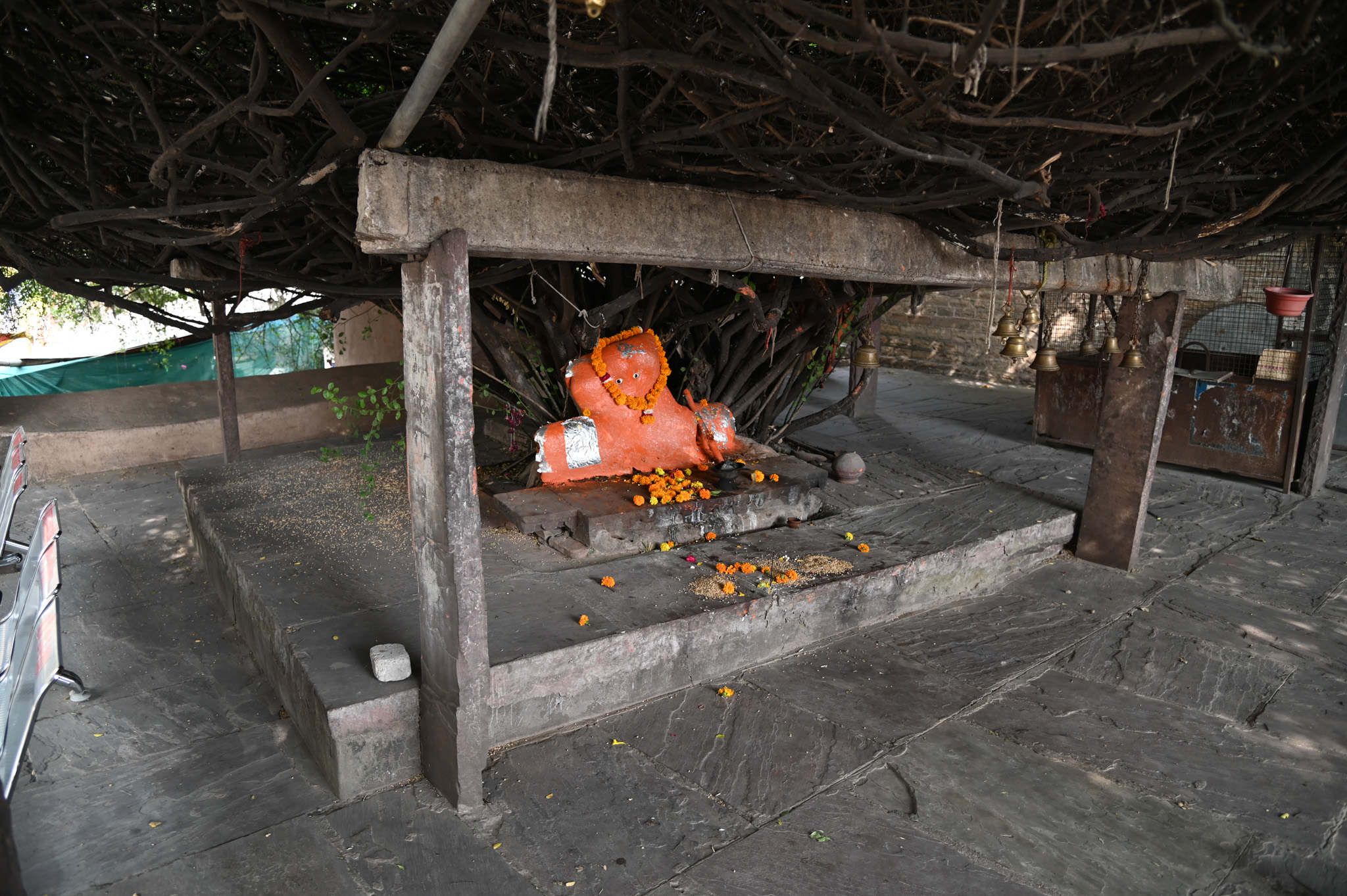 On the left side after reaching the top is another small shrine situated on a stone platform beneath a thick tree. Devotees regularly worship the vermilion-covered deity known as Hanuman.