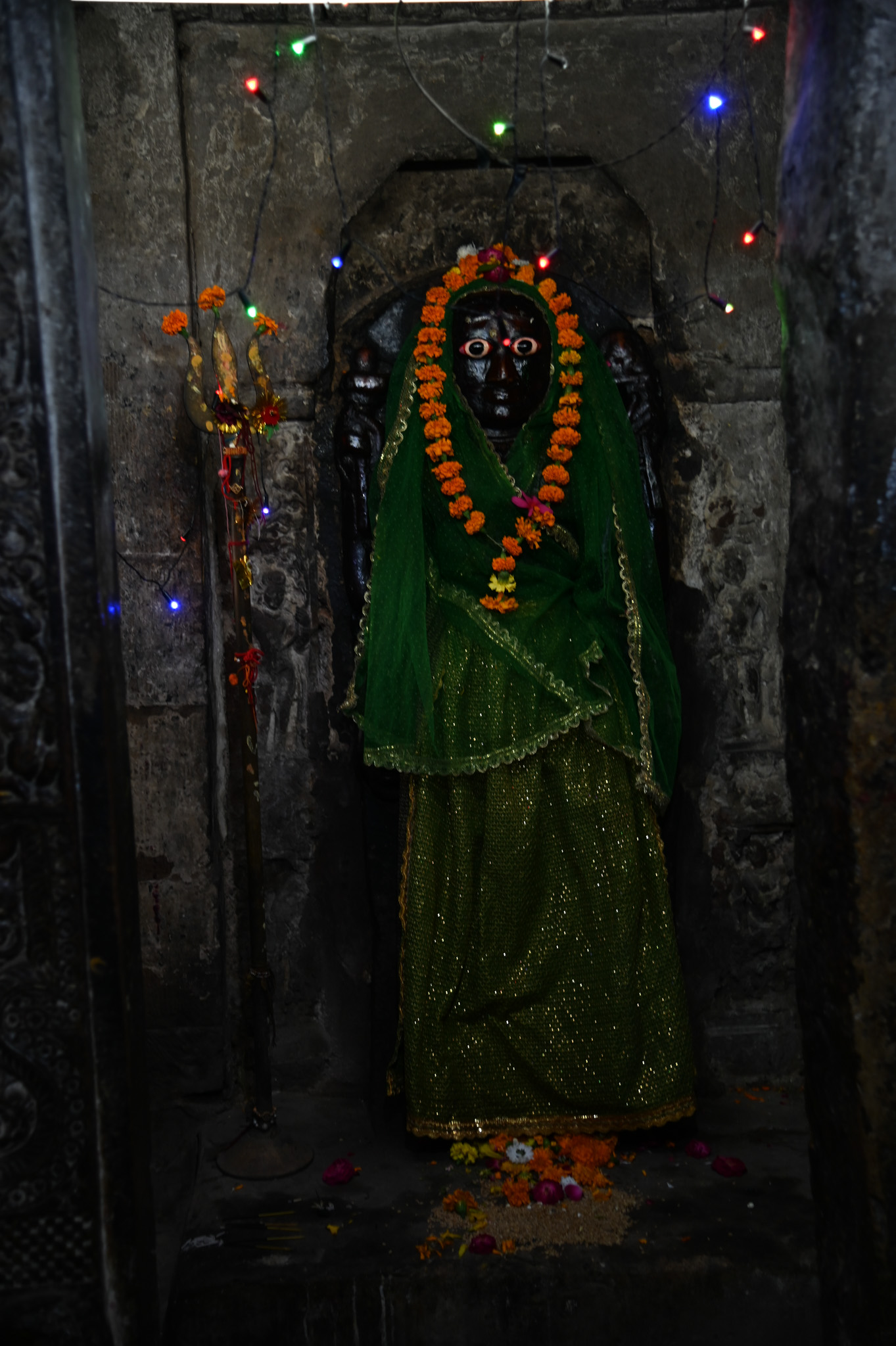 The garbhagriha of the Charchoma Shiva Temple currently houses a goddess image, probably Parvati, who is locally revered as Adi Shakti. The statue's dress obscures its attributes and iconography. A metal tripod stands near the sculpture. Upon closer inspection, one can see carvings of figures on the goddess's sides. However, the damage has rubbed off the details of the figures.