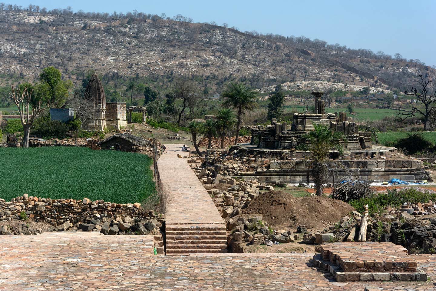 Image 6: Seen here are remains of two temples from the Sariska Forest Reserve. The temple on the left is a restored single shrine that had a Latina Nagara variety shikhara (superstructure). What remains of the temple on the right is only its huge plinths with geometric patterns; above these plinths, there are remnants of pillars.