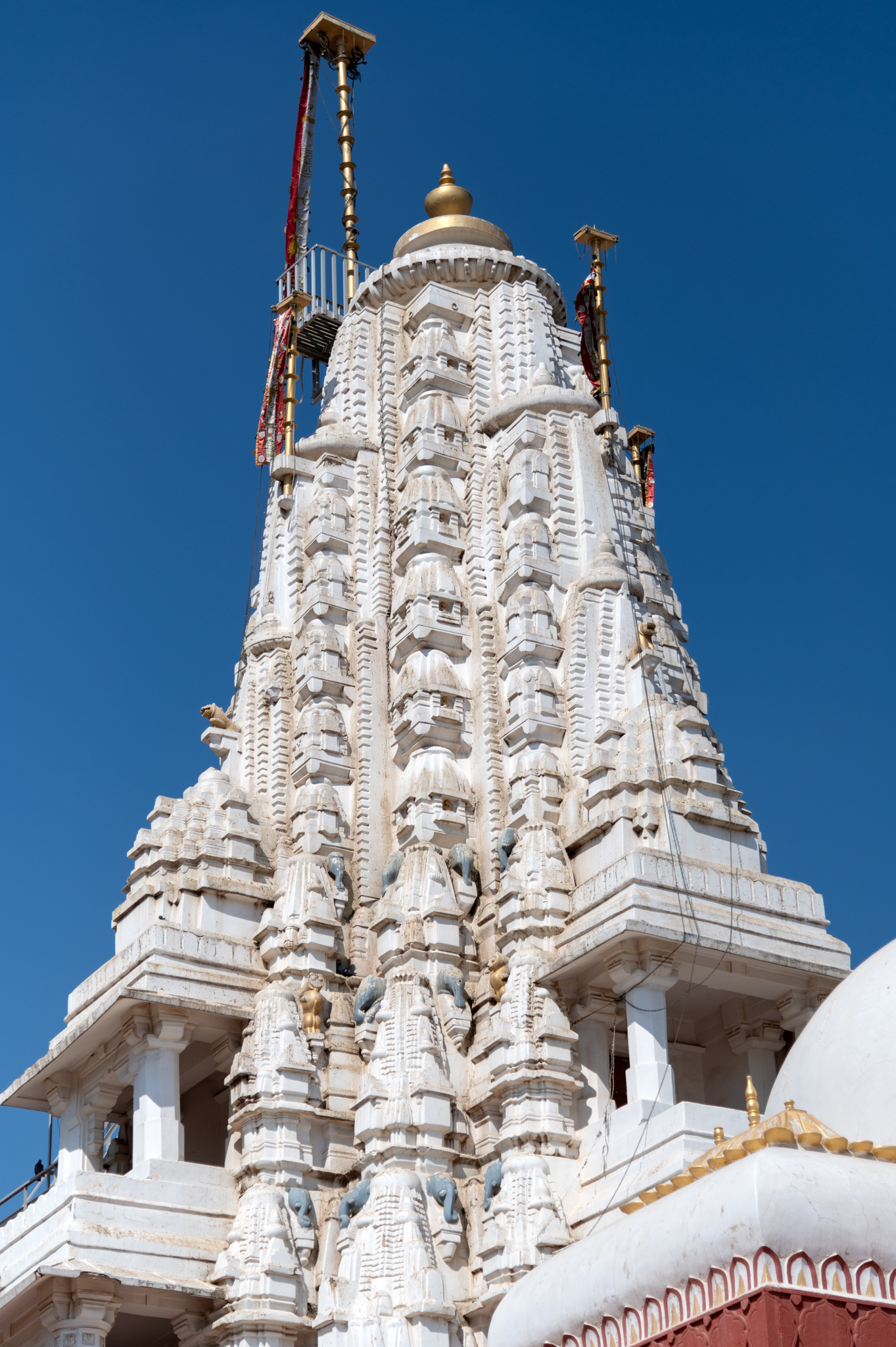 The Bhandasar Temple has a shekhari type (multi-spired) shikhara (superstructure). The bands on the cardinal directions of the shikhara have three rows of aedicules, which are miniatures of the actual shikhara. At the bottom of these miniature shikharas are motifs of elephants and vyala (mythical composite figures). At the topmost level, all these vertical bands are capped by a ribbed disc known as the amalaka.