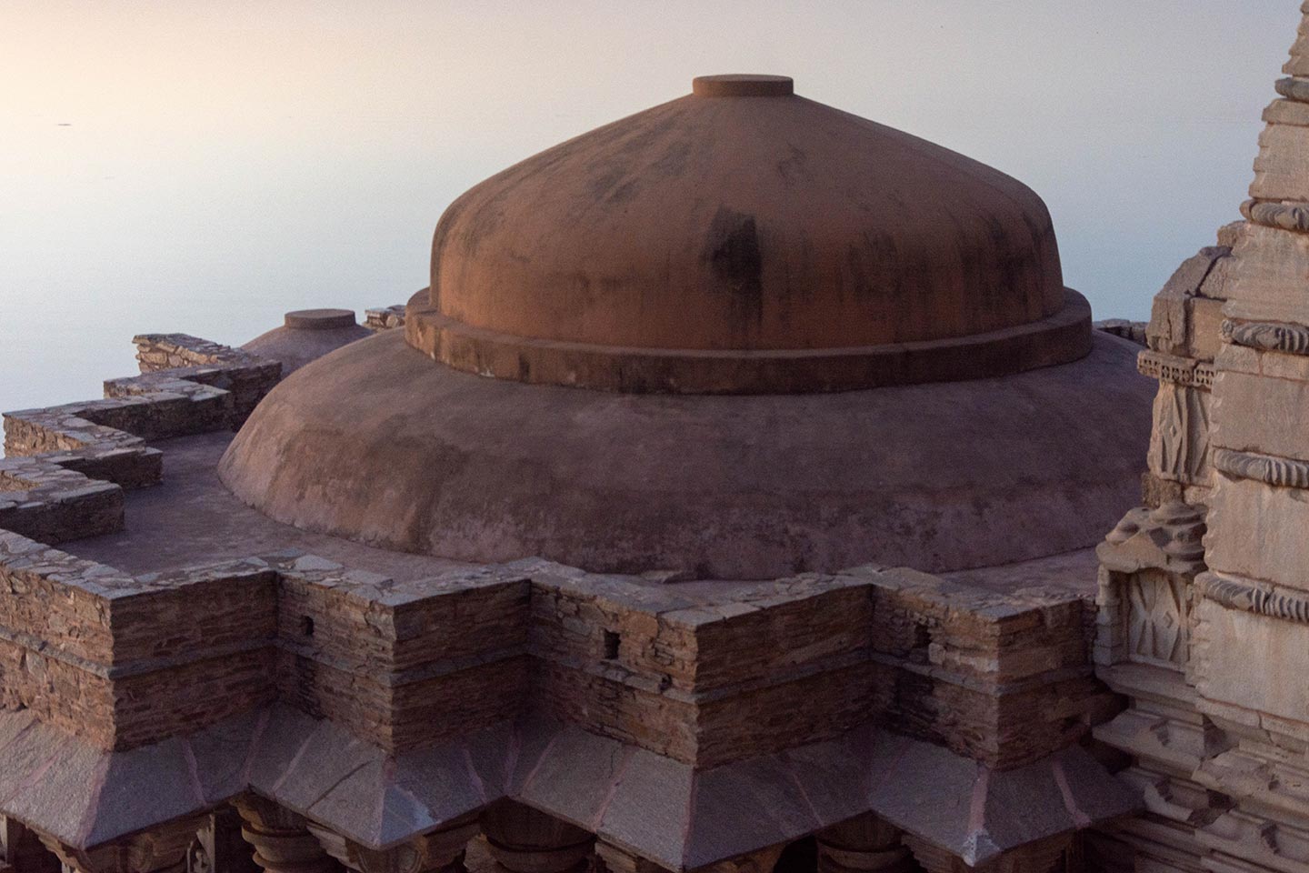 The current hemispherical dome is visible above the mahamandapa (pillared hall) of the Bisaldeo Temple. The dome seems to be a later addition to the structure.