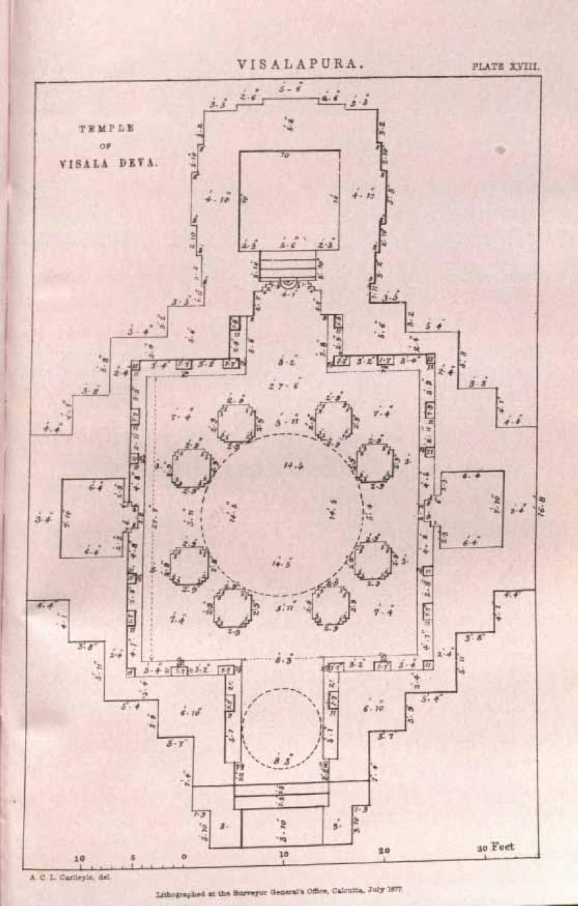 In 1872, A.C.L. Carlleyle visited Bisalpur and provided the first known archaeological report on its temples under the supervision of Alexander Cunningham, the first Director General of the Archaeological Survey of India (ASI). His report includes a fully measured plan of the Bisaldeo Temple that was lithographed at the Surveyor General’s office in 1877.