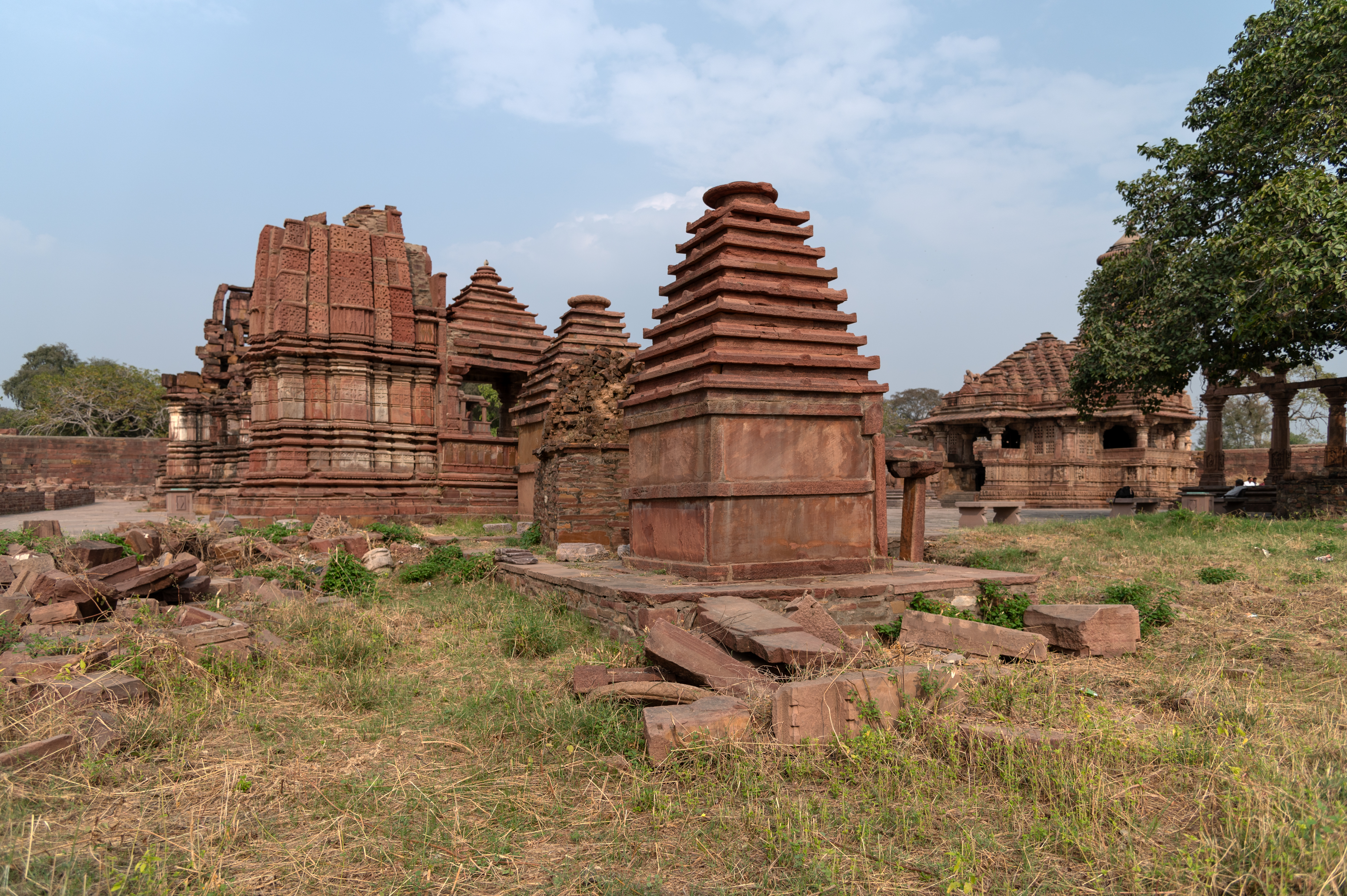 The Mahanaleshwar temple complex features three small shrines in its southwestern quadrant. One of these is a single-shrine latina-nagara (mon-spire) variety temple consisting of a garbhagriha (sanctum sanctorum) and a mandapa (pillared hall), and two are just square single-cell temples with a phamsana shikhara (pyramidical superstructure). The walls are bereft of any ornamentation.