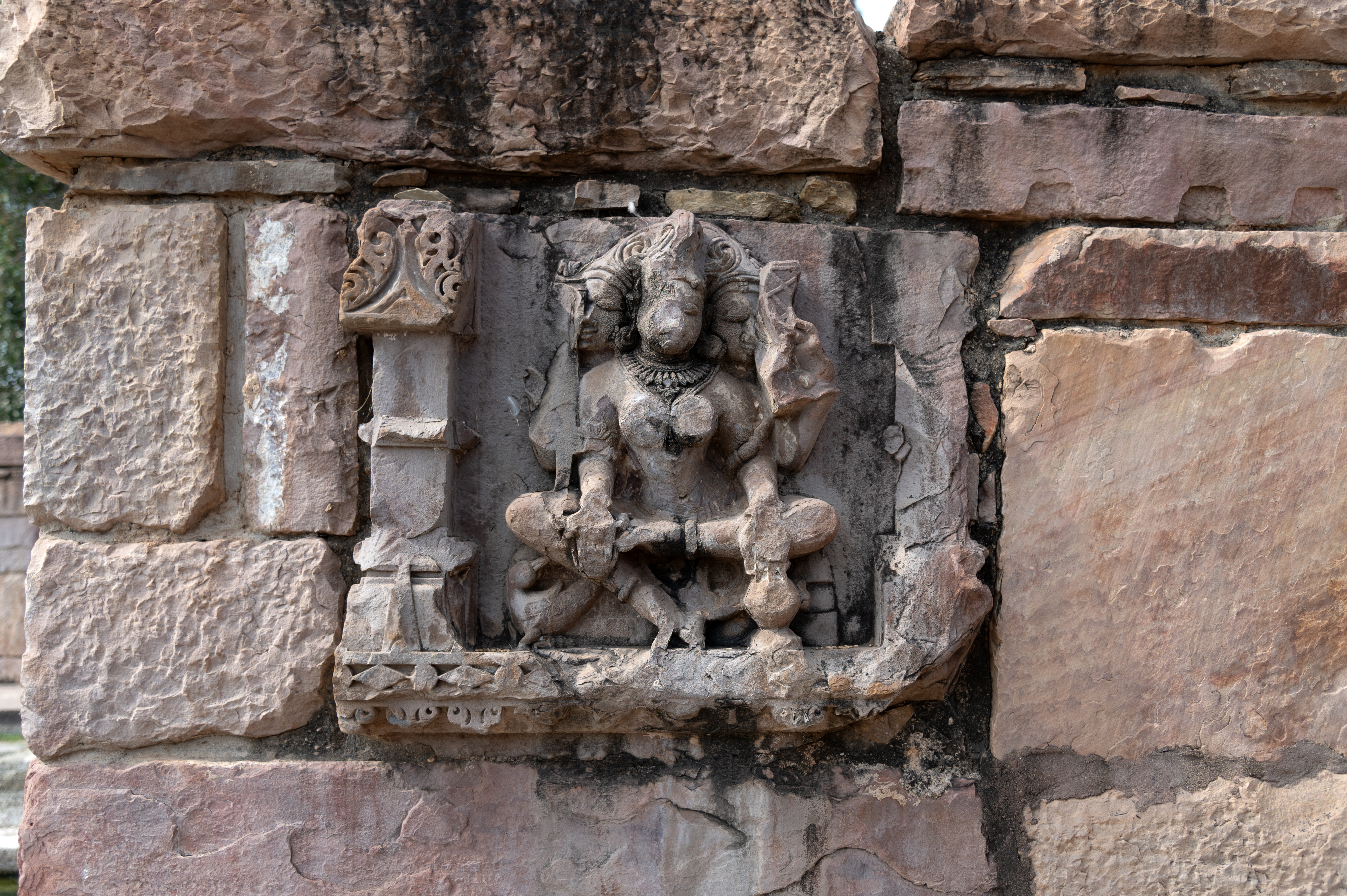 Image 13: Adjacent to the inner stairways, Brahmani is depicted with three faces seated on her pedestal. While her frontal face has sustained damage, the other two faces remain well-preserved. The right face displays a gentle smile. In her upper left hand, she holds a putaka (water vessel), while her upper right hand, although broken, likely once held a shruka (sacrificial ladle). The lower left hand grasps a kamandalu (water pot), and the lower right hand is extended in varada hasta (boon-giving gesture). Adorned with a broad necklace and various other ornaments, Brahmani is accompanied by her vahana (mount), which is visible at the bottom right.