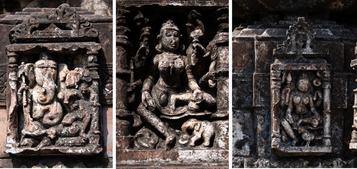 Image 10: Ganesha with his consort (left), Indrani (centre), and Kaumari (right) on the vedibandha (basal mouldings) of the Shiva Temple (Temple 3 in the site plan).