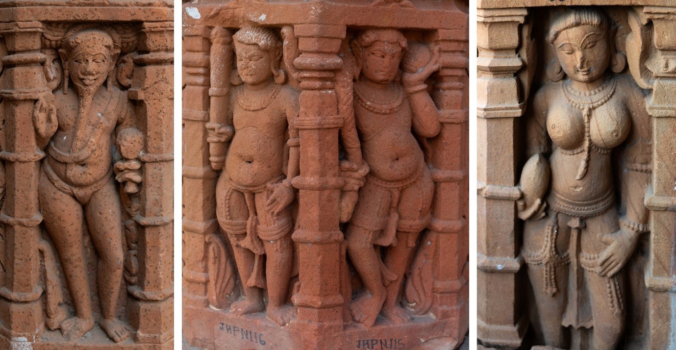 Image 4: Pillar details in the mandapa (pillared hall): Shaiva ascetic (right), minor deities (centre), female figure (left).