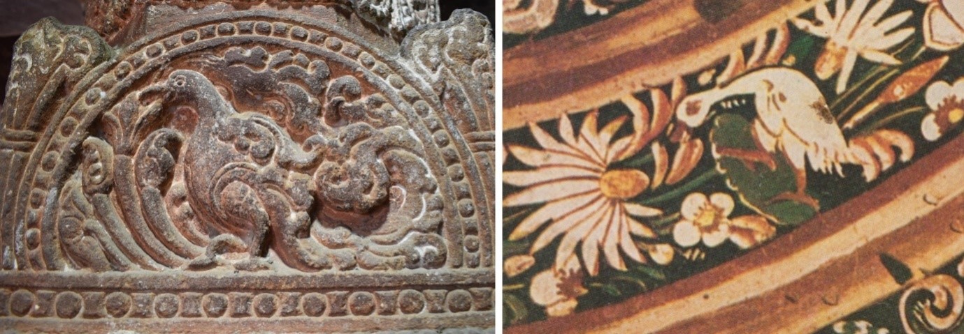Image 8: A goose on the pillar (proper right) in the antarala (vestibule) of the Sitaleshwar Temple (left) and on the ceiling (right), Cave 2, Ajanta. Image source: Ghosh, A. Ajanta Murals. Delhi: Archaeological Survey of India, 1996.