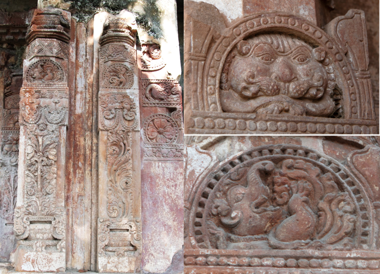 Image 11: Decorative motifs on the external wall (proper right), details of decoration: a makara (crocodile) and a simhamukha (lion face) in half medallion (left) of the Sitaleshwar Temple.