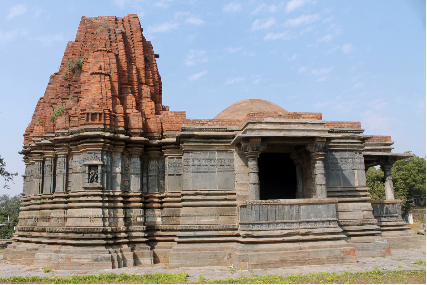 Image 2: North facing elevation of the Mandaleshwar Mahadev Temple which has the main temple body built in stone and the shikhara in brick.