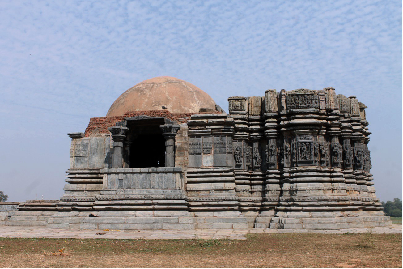 Image 5: South elevation of the Kumbheshwar Mahadev Temple. The shikhara above the main shrine has only one tier remnant whereas the shikhara above the mandapa has been replaced by a crude dome.