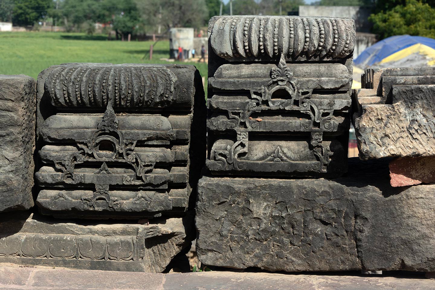 Most fragments assembled here were once part of the shikhara of the original temple, other subsidiary structures, and associated parts like the urushringa (subsidiary tower projecting from the sides of the main shikhara). The original shikhara did not survive and was replaced by a circular dome during the restoration.